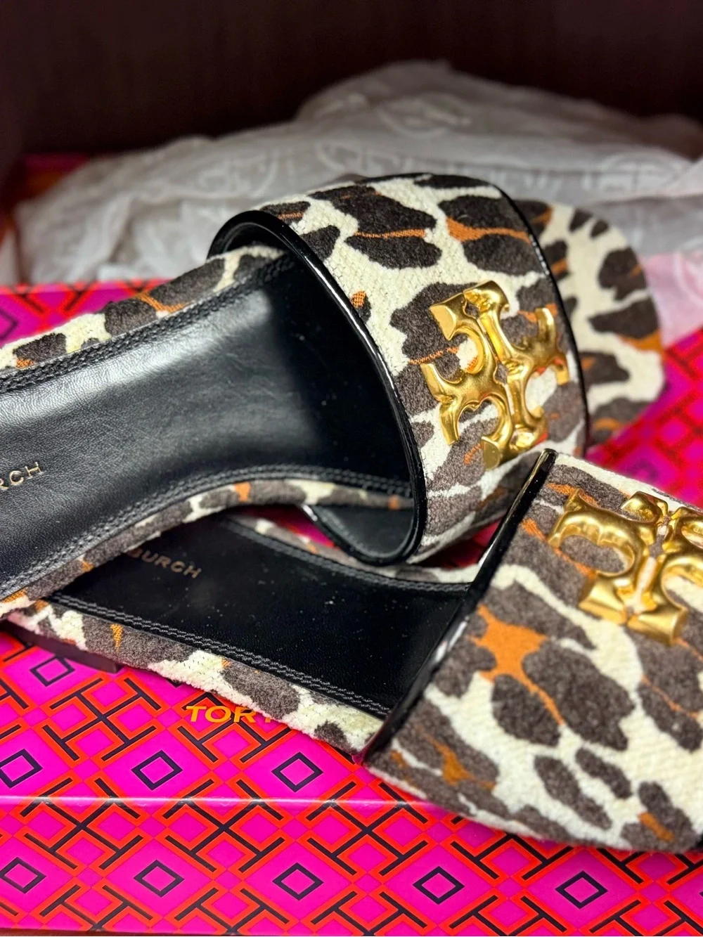 Tory Burch Leopard Calf-Hair Slide Sandals with Gold Logo